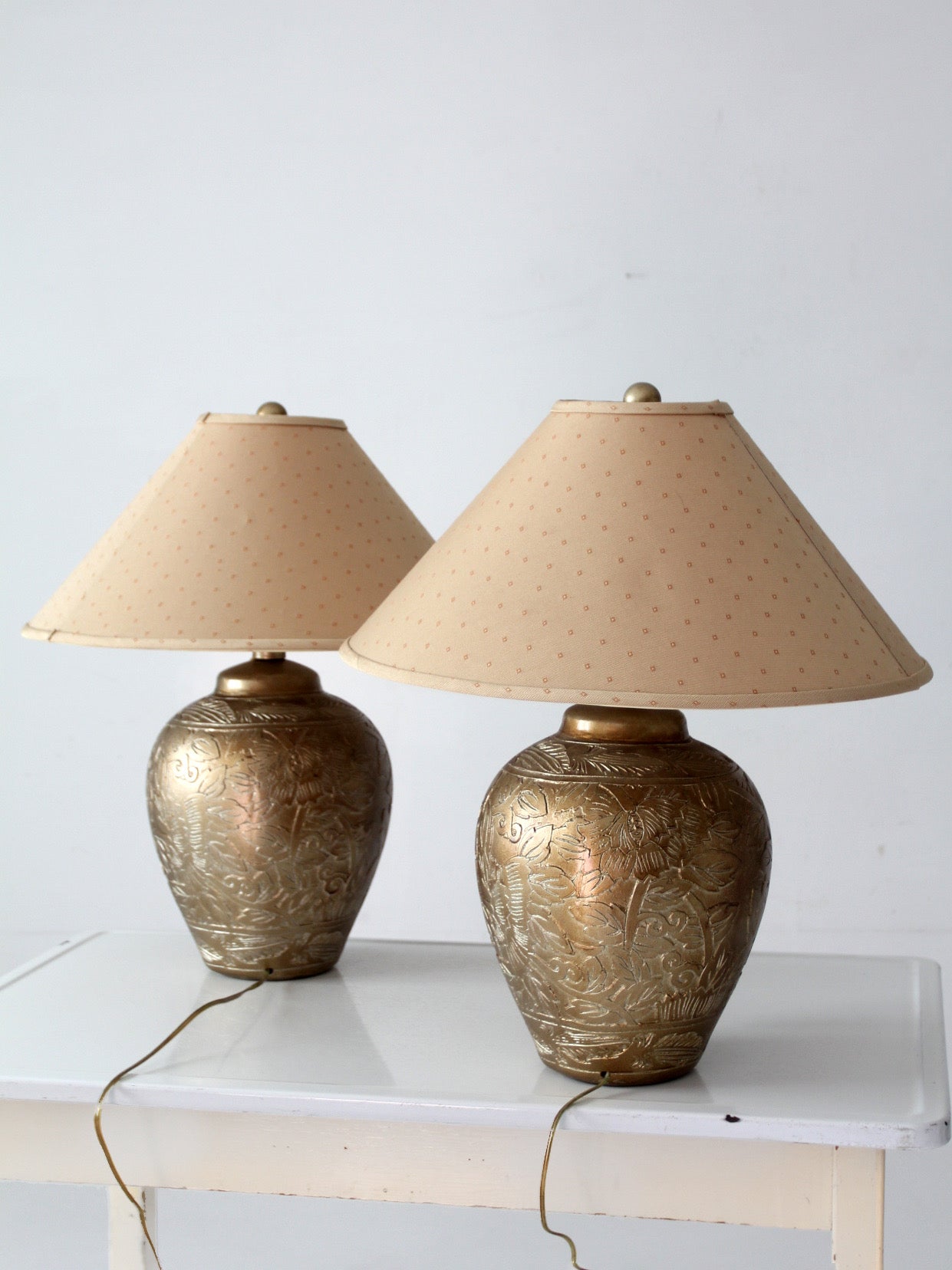 pair of vintage Chinoiserie style gilt ceramic table lamps