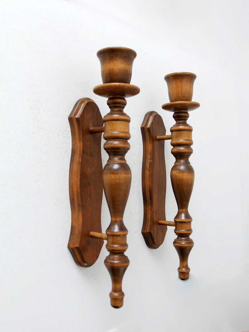 vintage wooden candle sconces pair