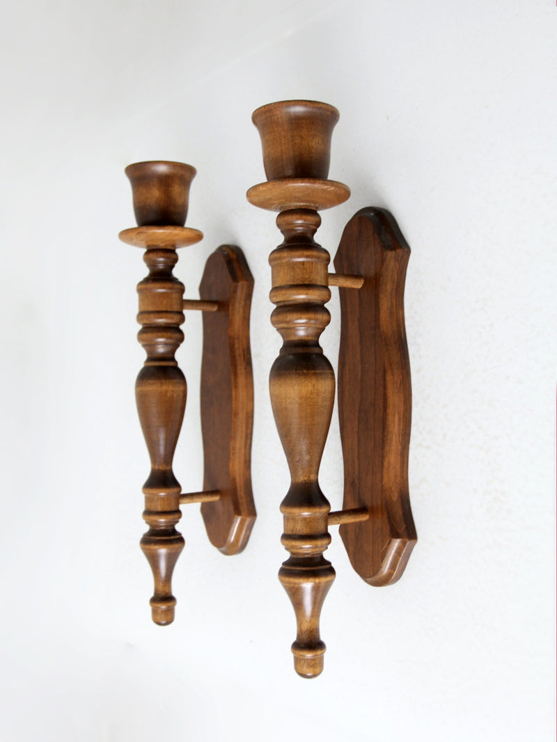 vintage wooden candle sconces pair