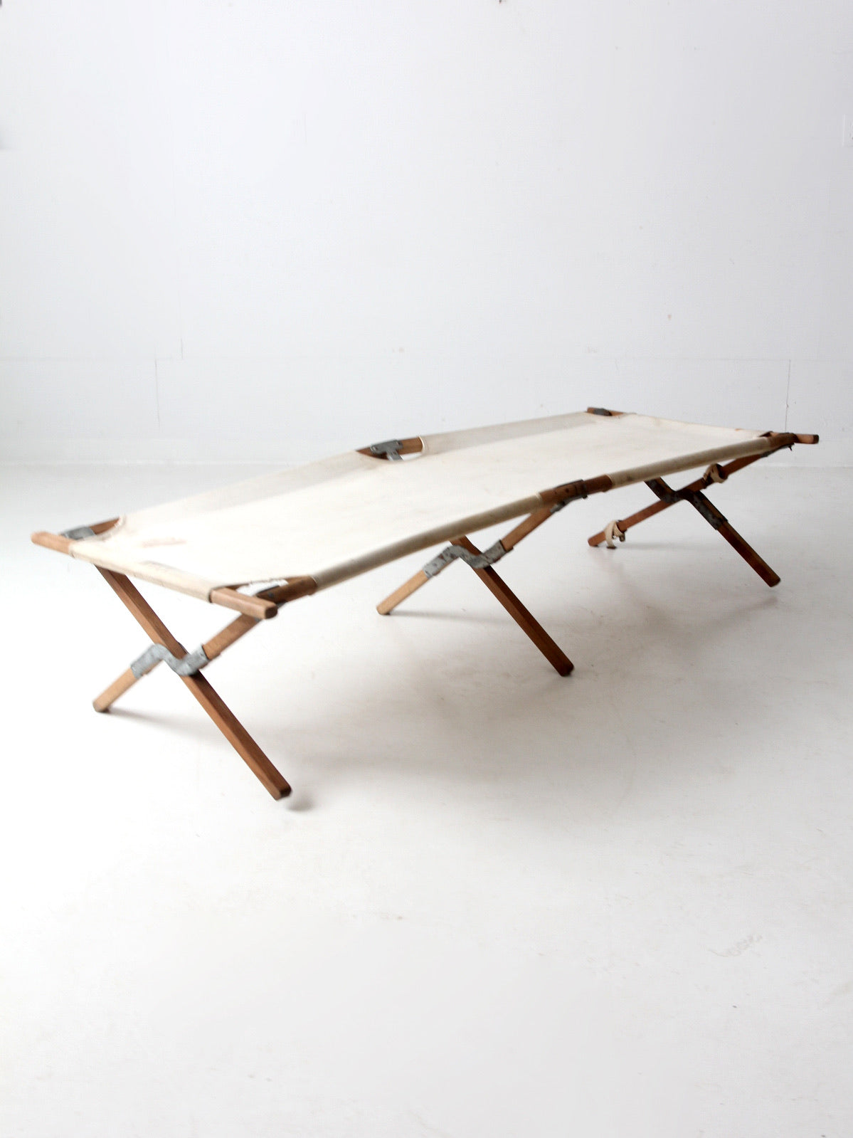 vintage wood & canvas x-frame cot – 86 Vintage