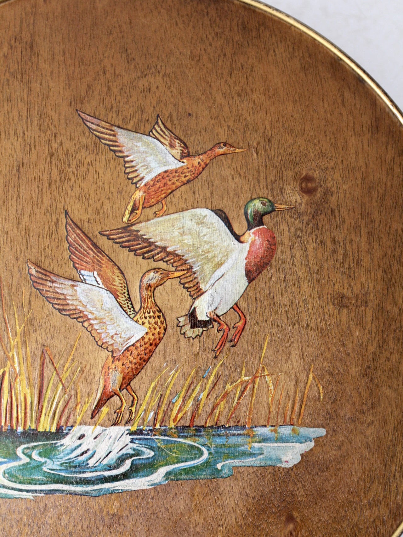 vintage 70s hand painted ducks wood veneer tin – 86 Vintage