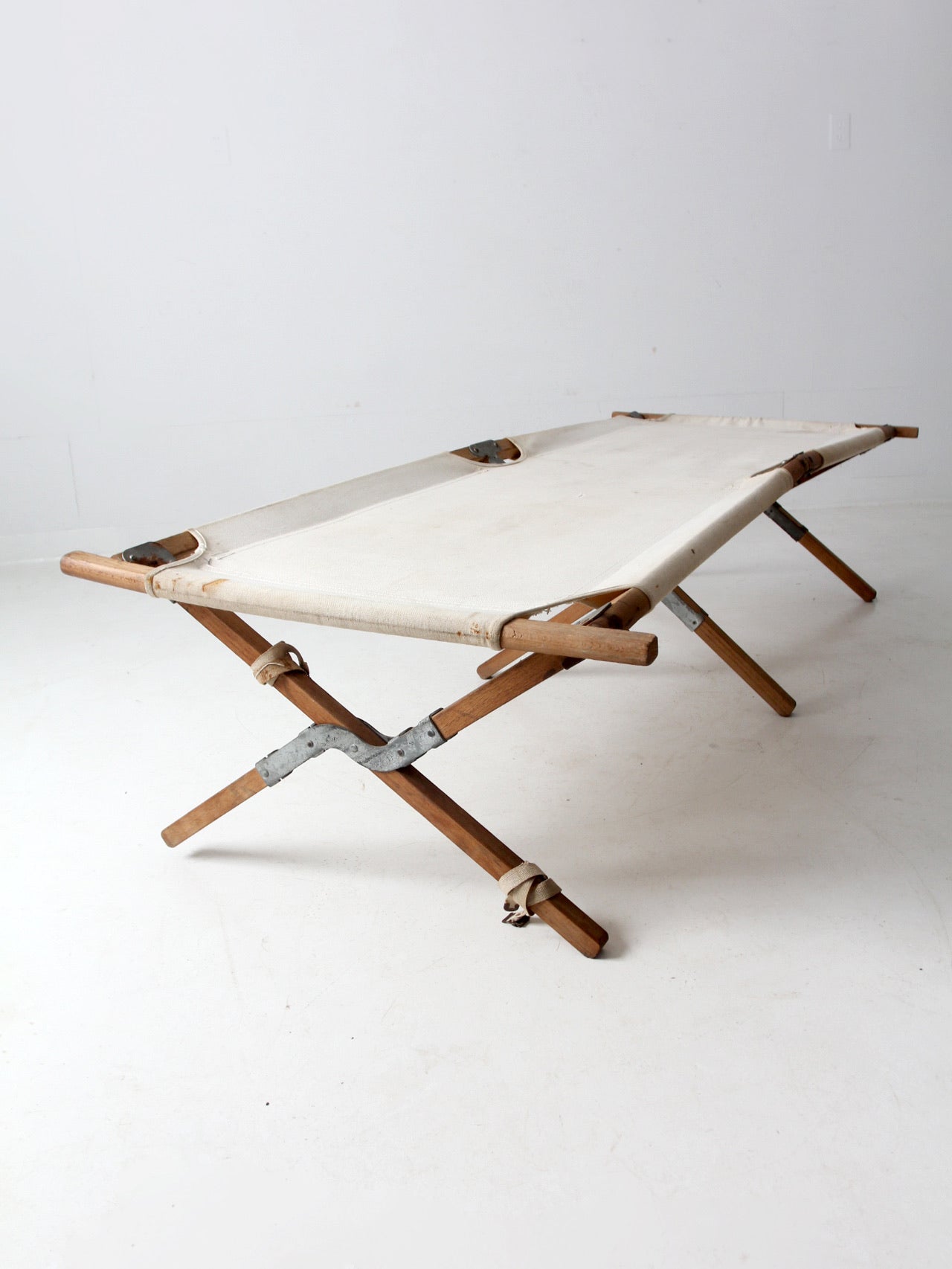 vintage wood & canvas x-frame cot – 86 Vintage