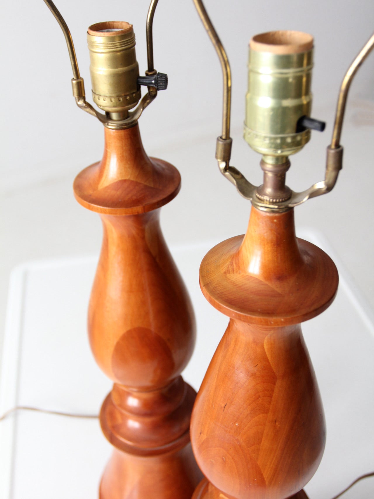 vintage turned wood table lamps pair