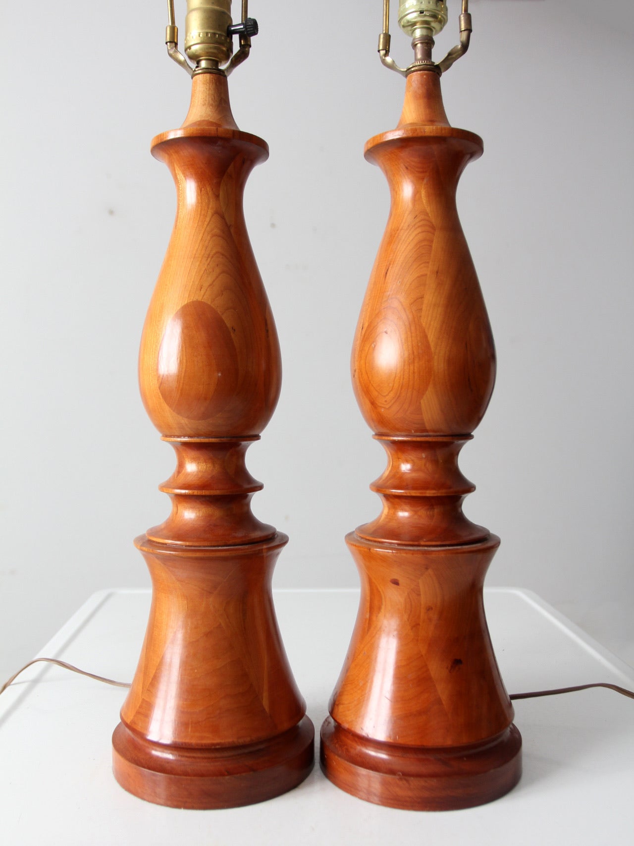 vintage turned wood table lamps pair