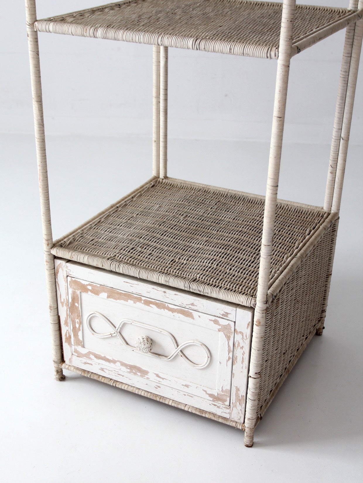 vintage white wicker etagere shelf with drawer