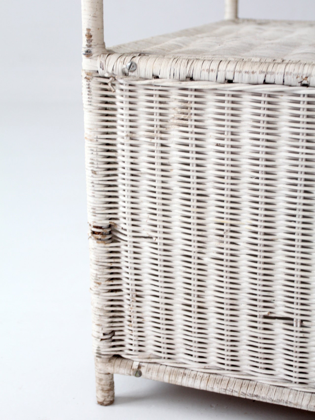 vintage white wicker etagere shelf with drawer
