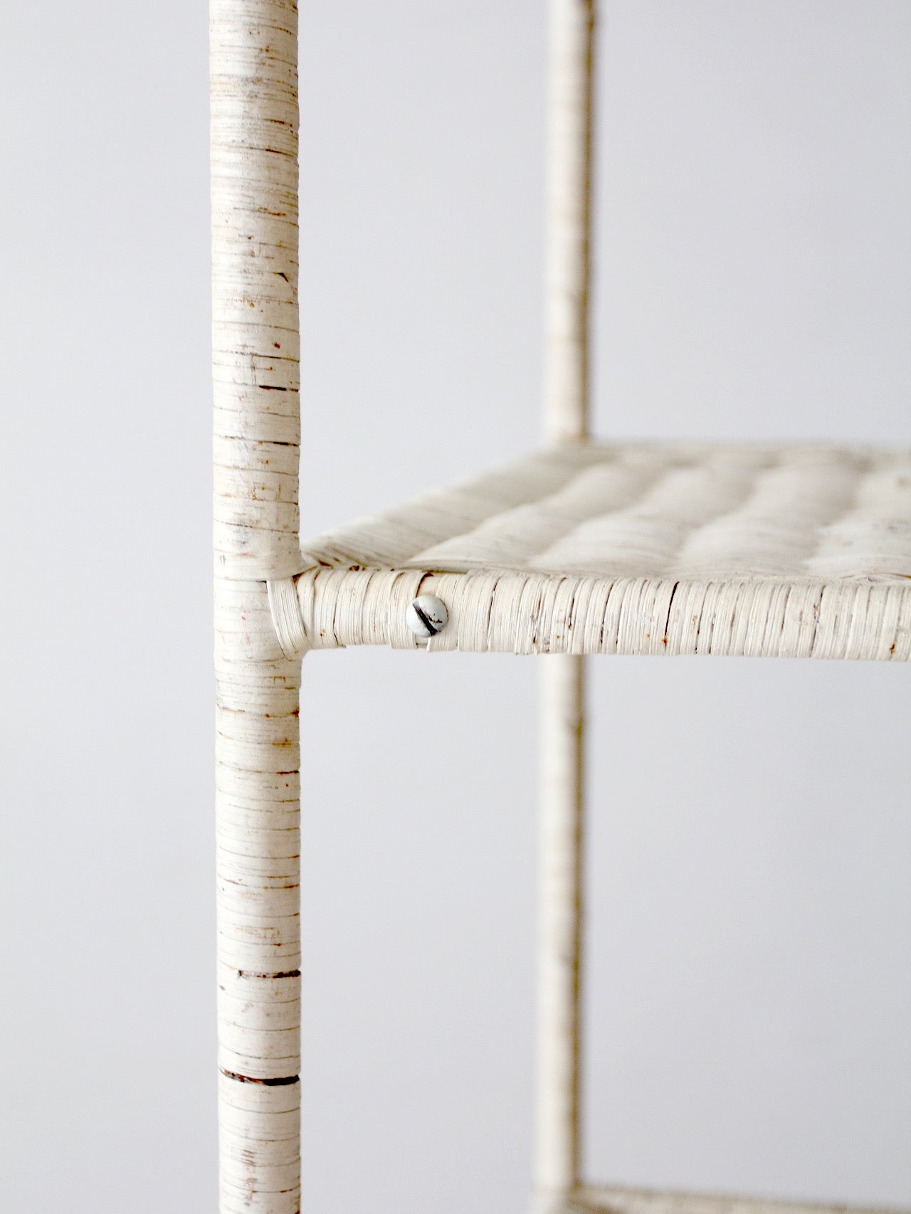 vintage white wicker etagere shelf with drawer