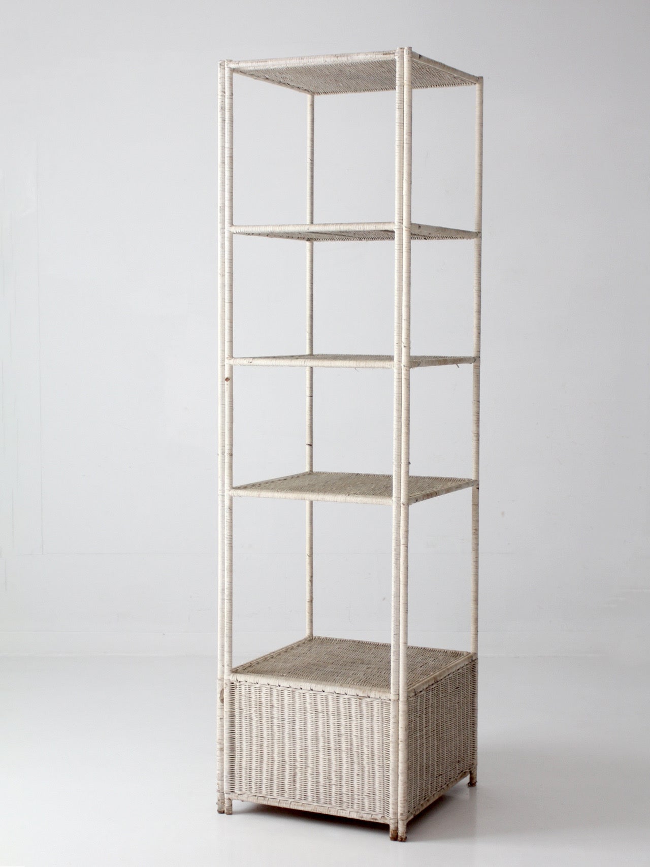 vintage white wicker etagere shelf with drawer