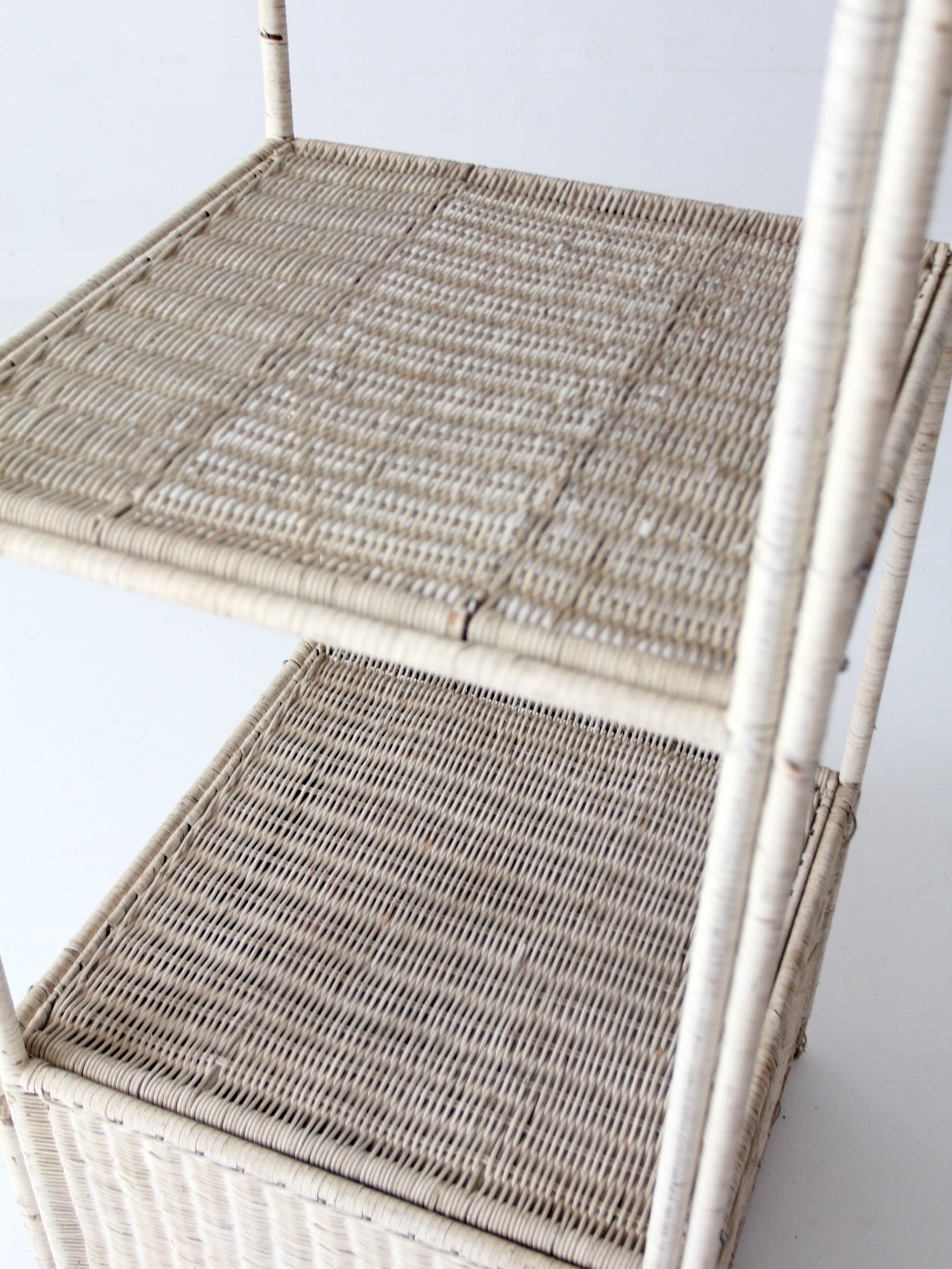 vintage white wicker etagere shelf with drawer