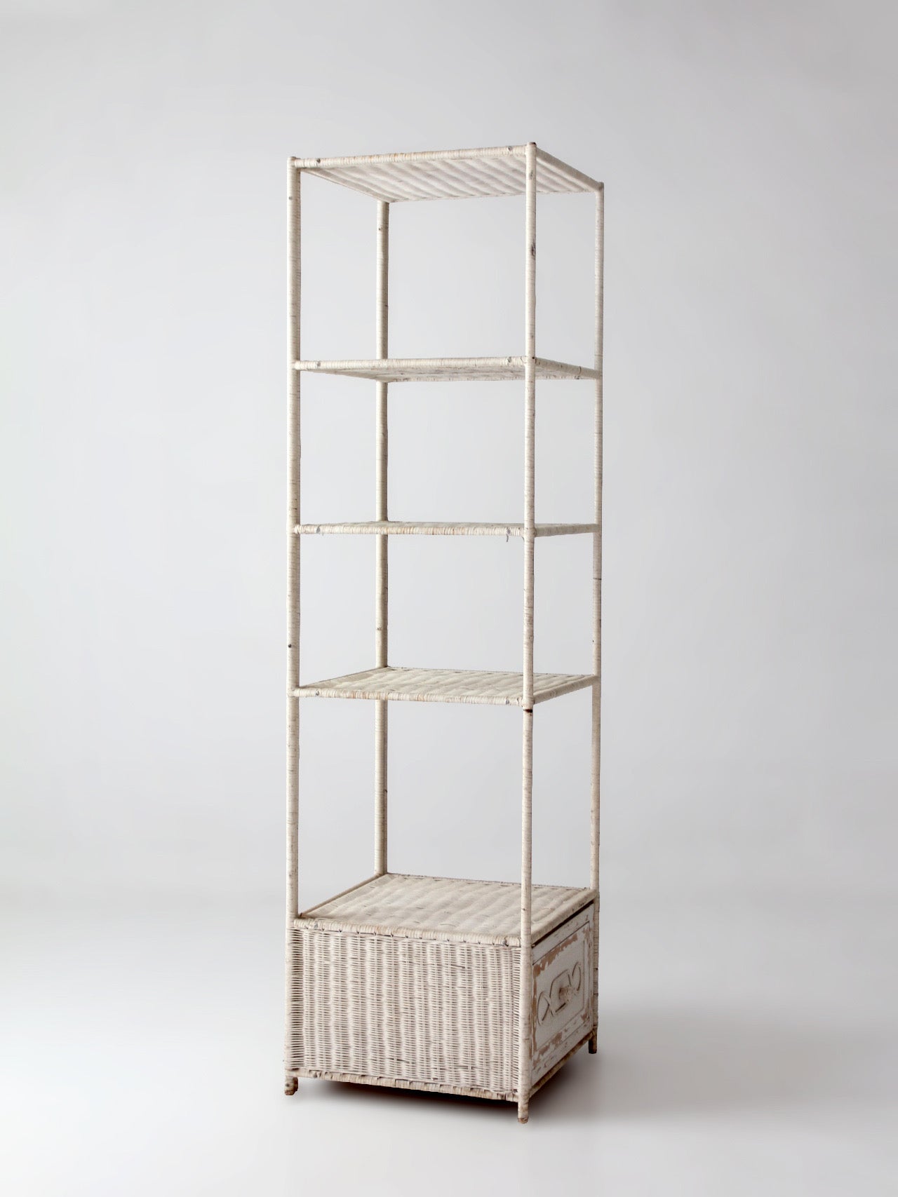 vintage white wicker etagere shelf with drawer
