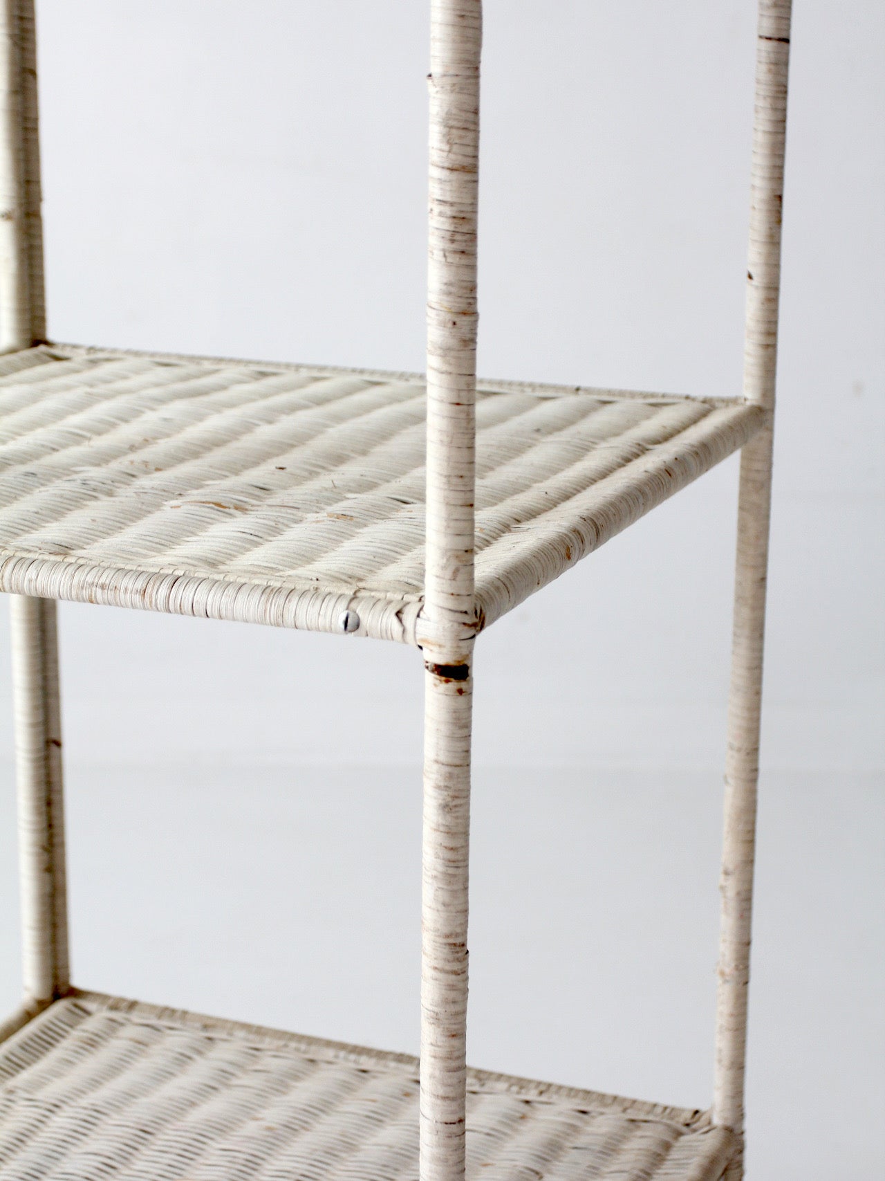 vintage white wicker etagere shelf with drawer