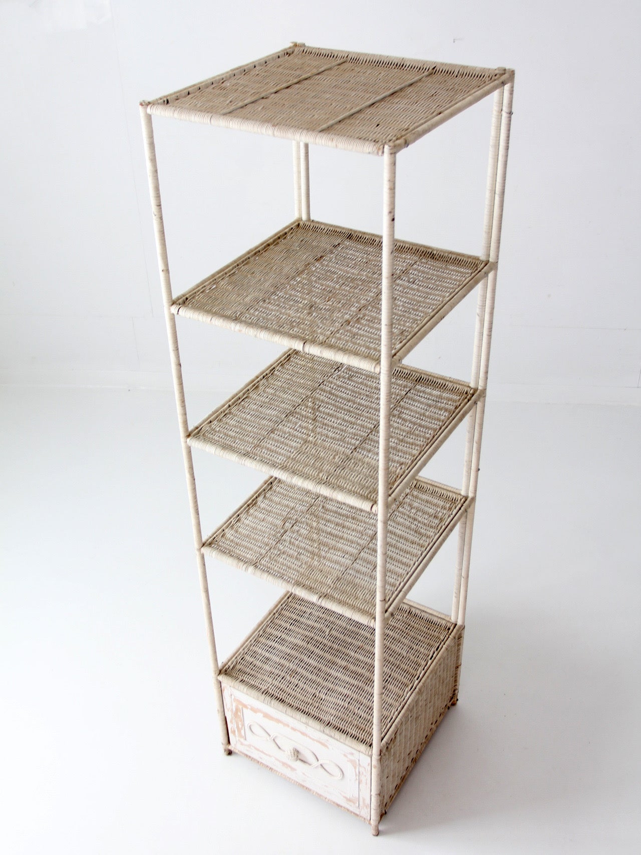 vintage white wicker etagere shelf with drawer