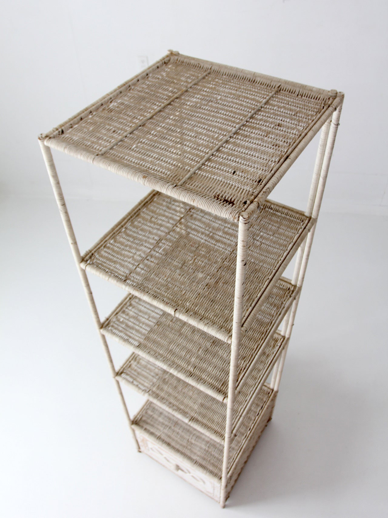 vintage white wicker etagere shelf with drawer
