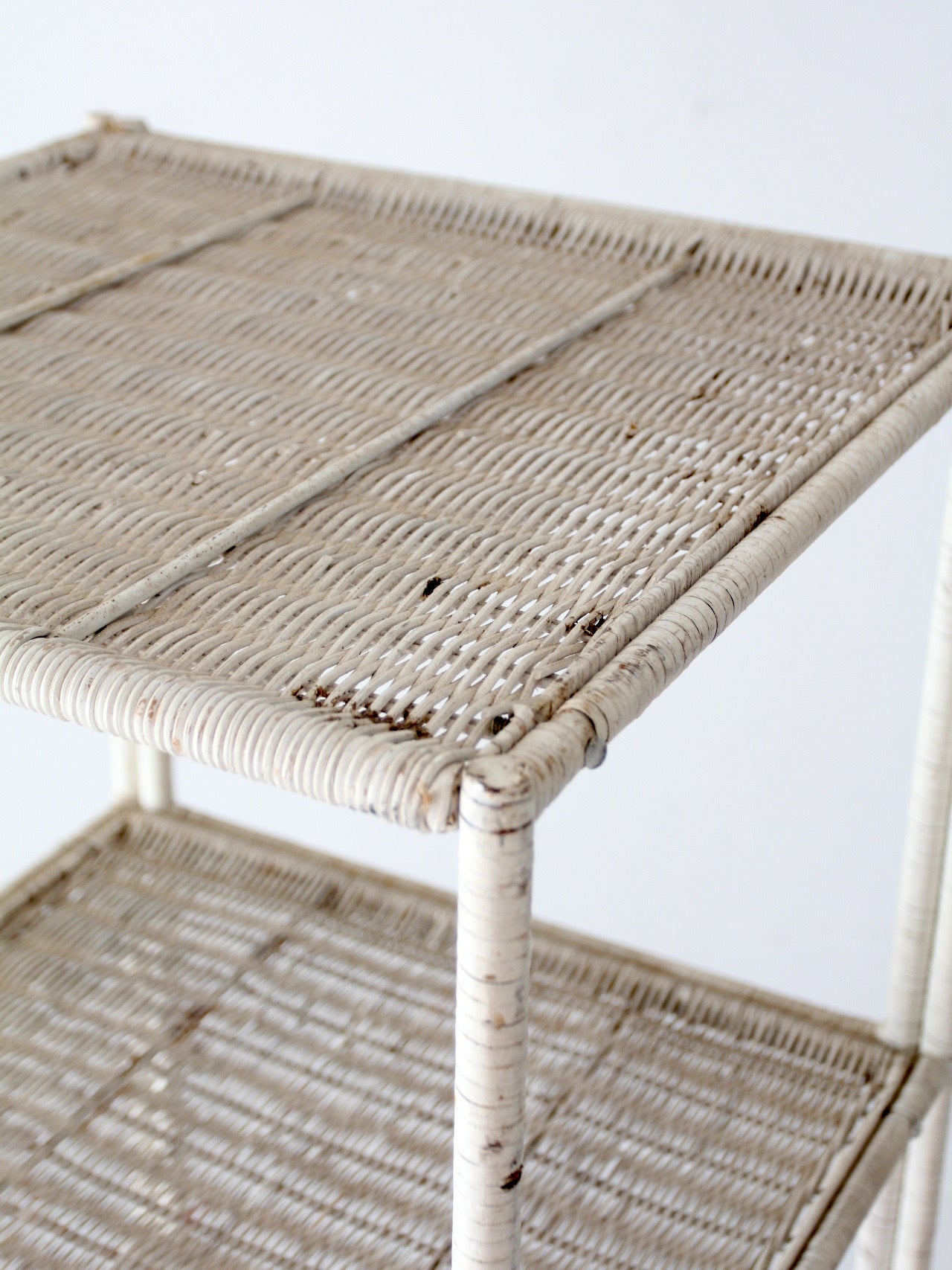 vintage white wicker etagere shelf with drawer