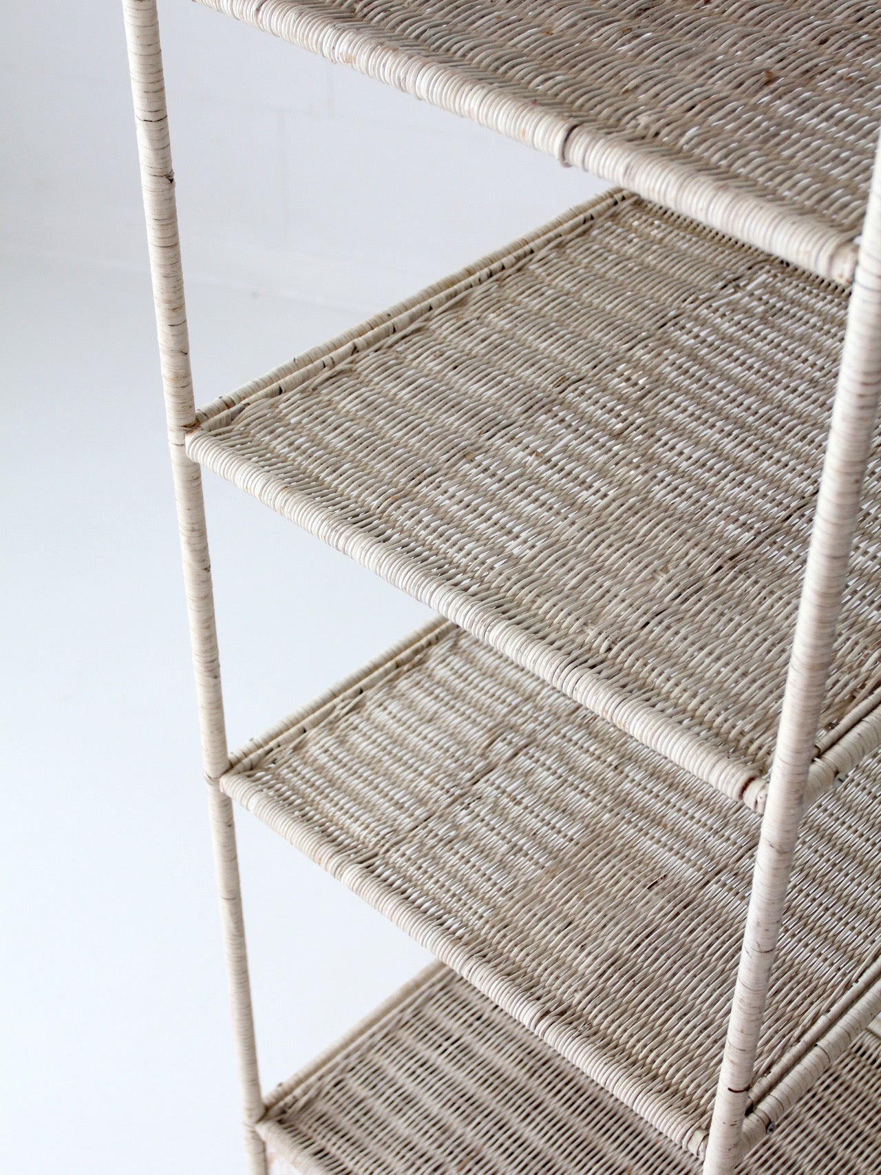 vintage white wicker etagere shelf with drawer