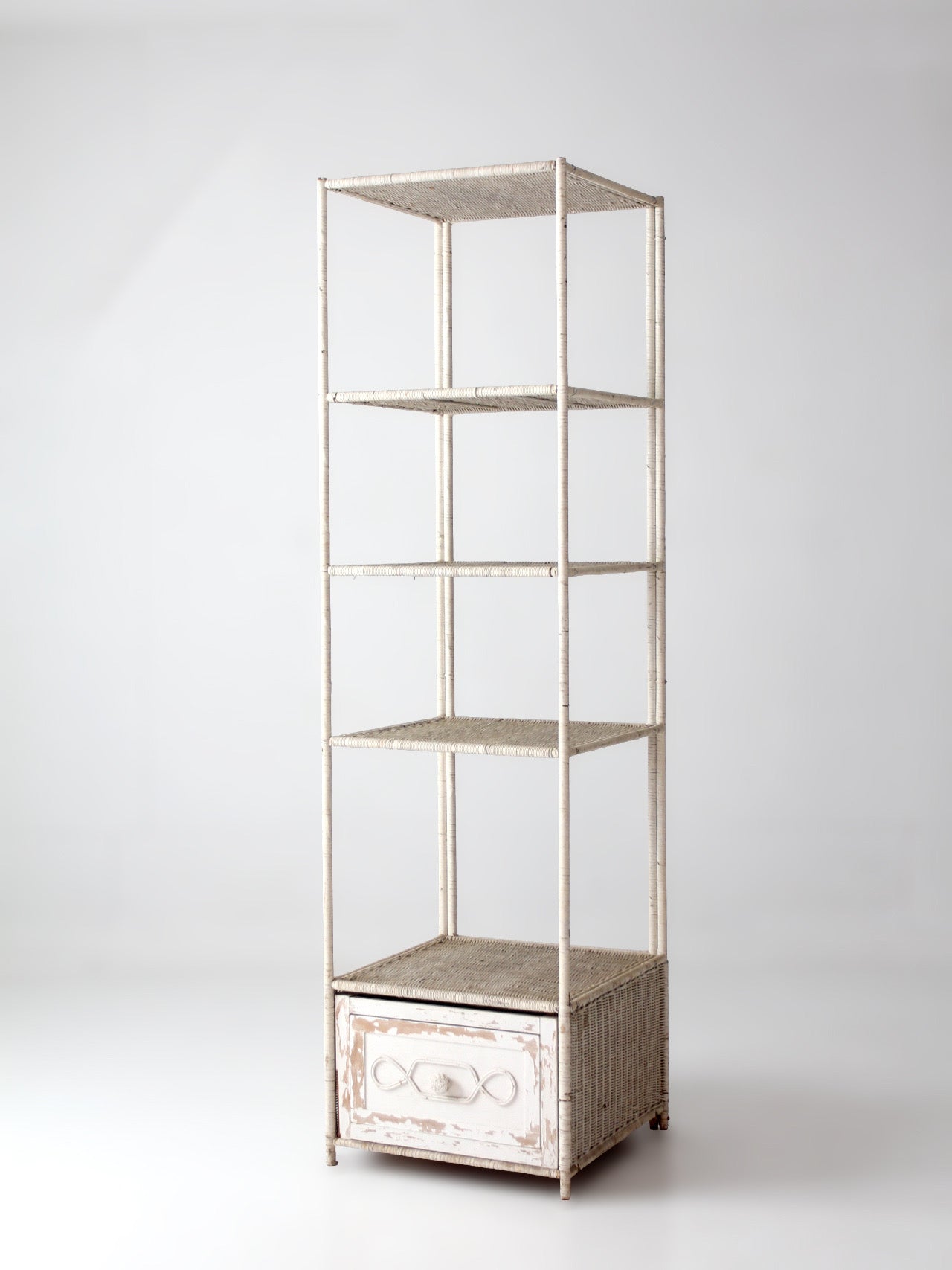 vintage white wicker etagere shelf with drawer