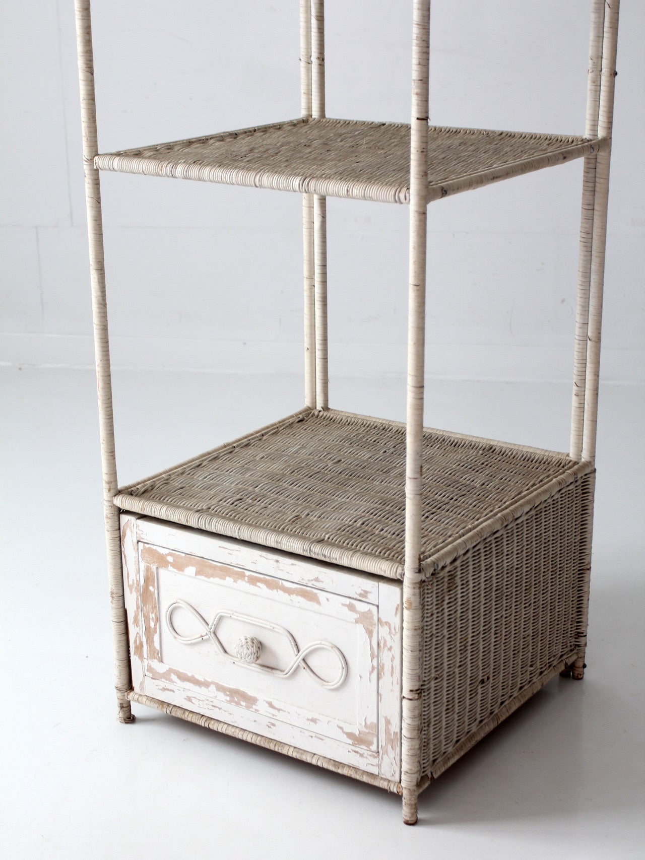 vintage white wicker etagere shelf with drawer