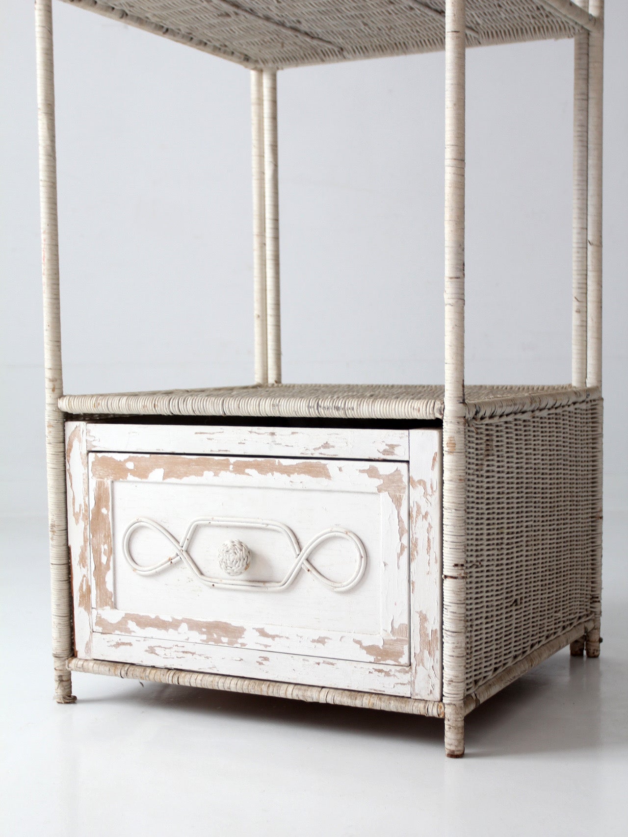 vintage white wicker etagere shelf with drawer