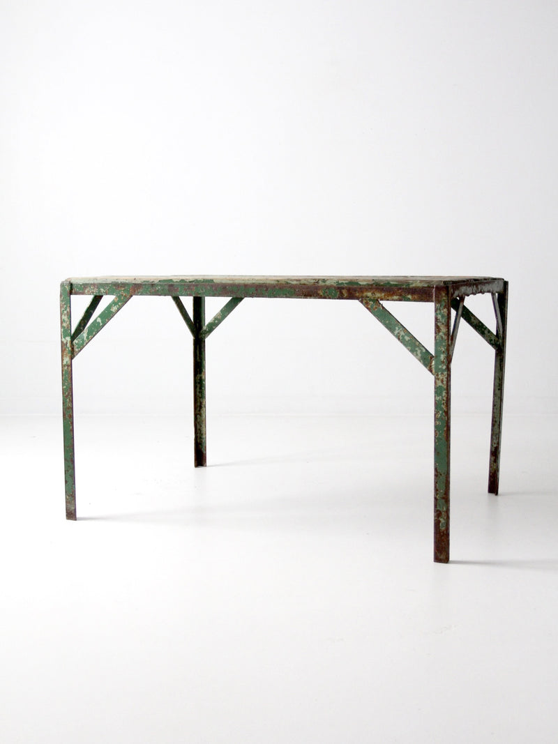 vintage green industrial wood and metal table