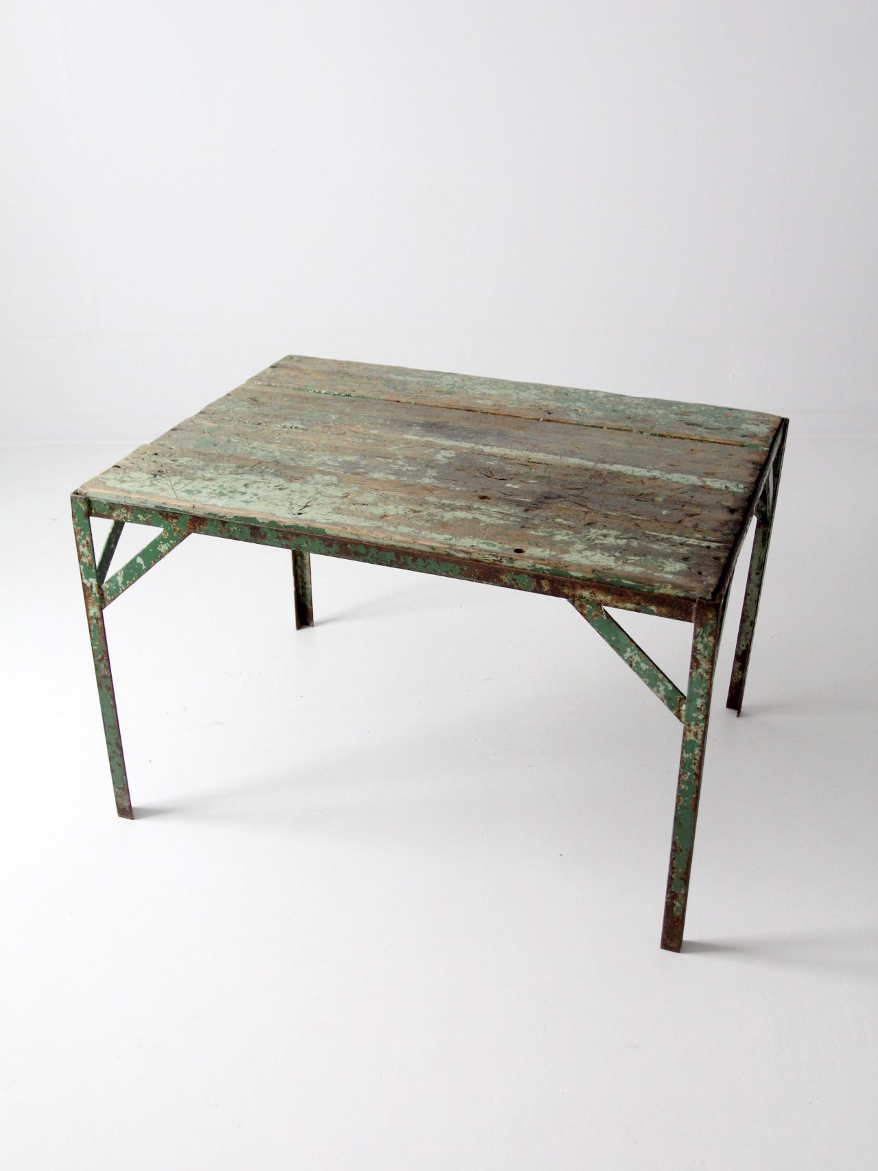vintage green industrial wood and metal table