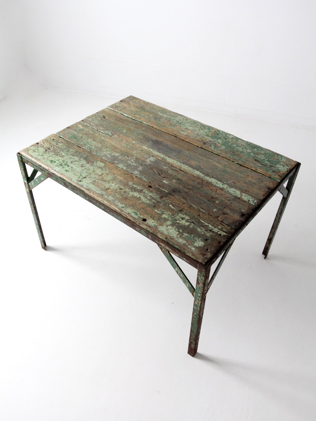 vintage green industrial wood and metal table