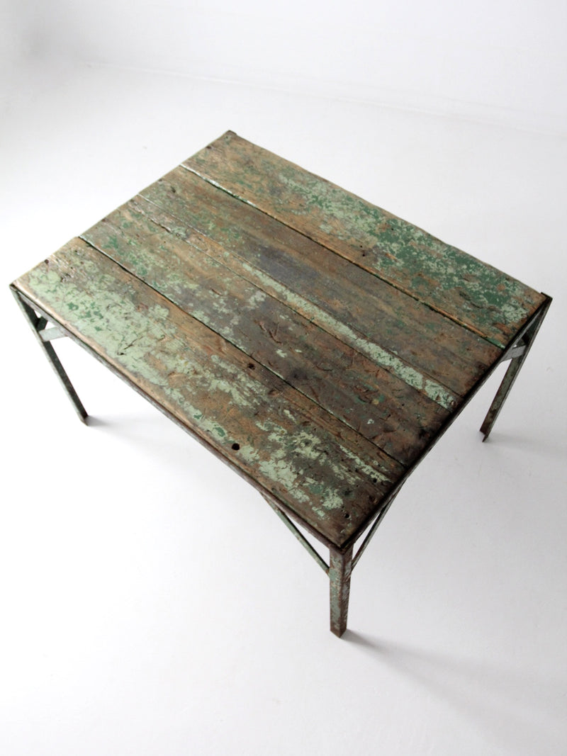 vintage green industrial wood and metal table