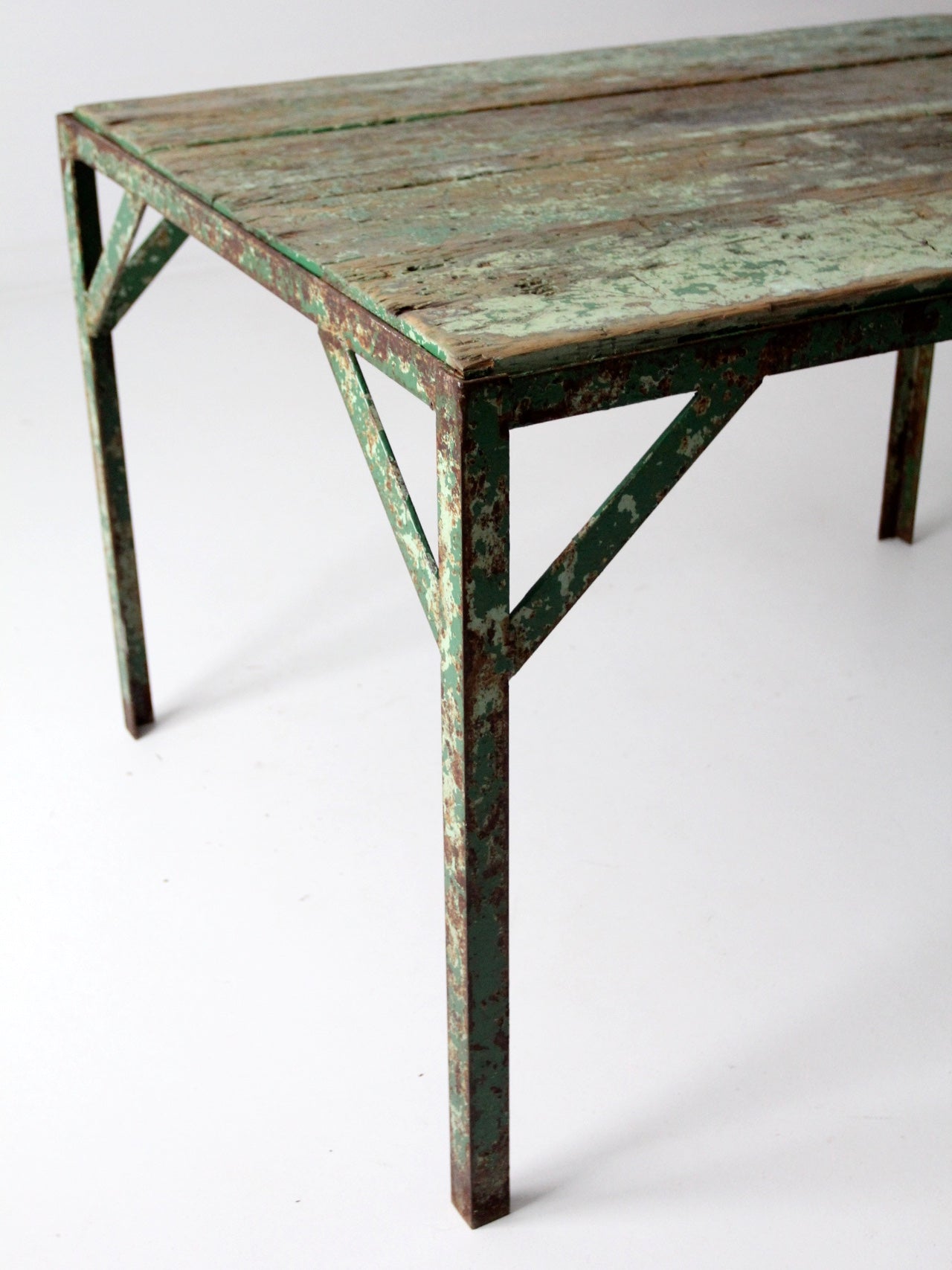 vintage green industrial wood and metal table