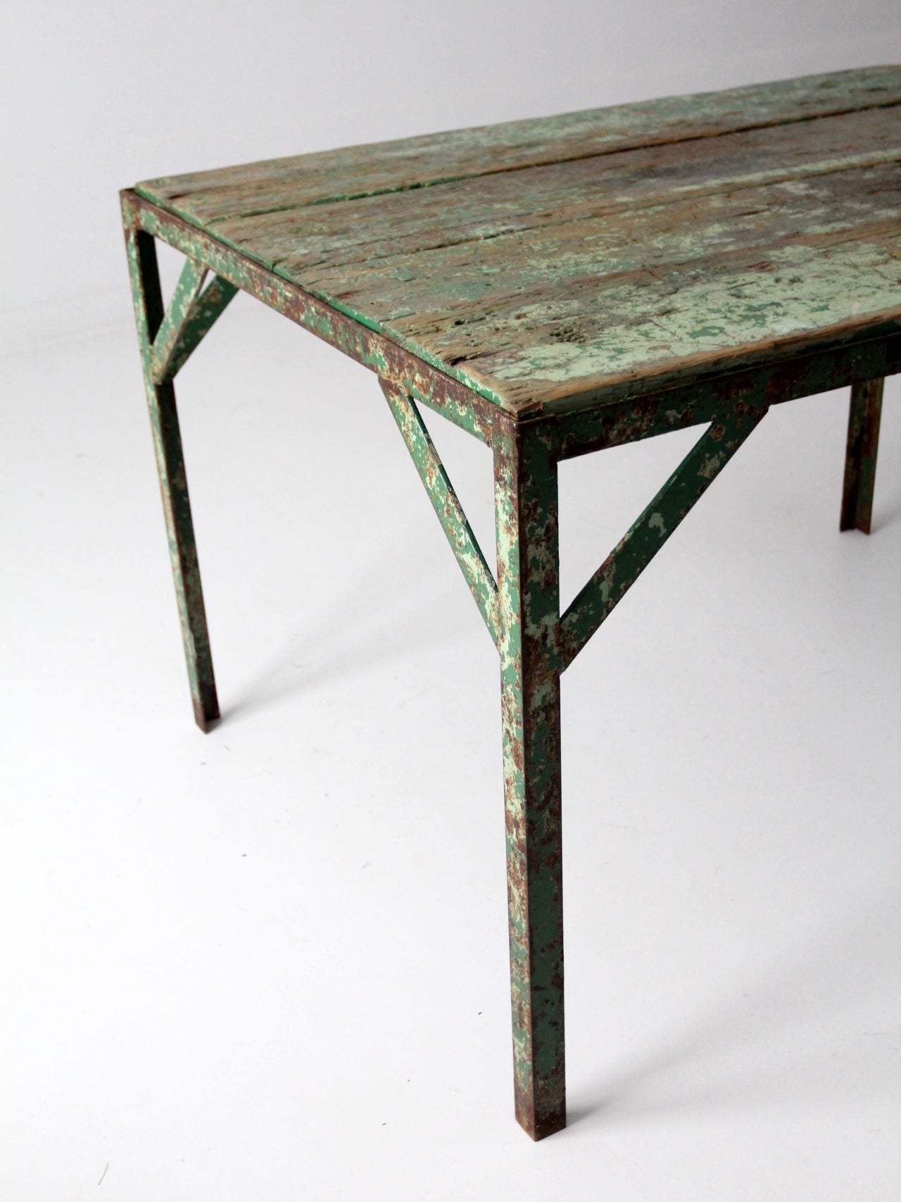 vintage green industrial wood and metal table