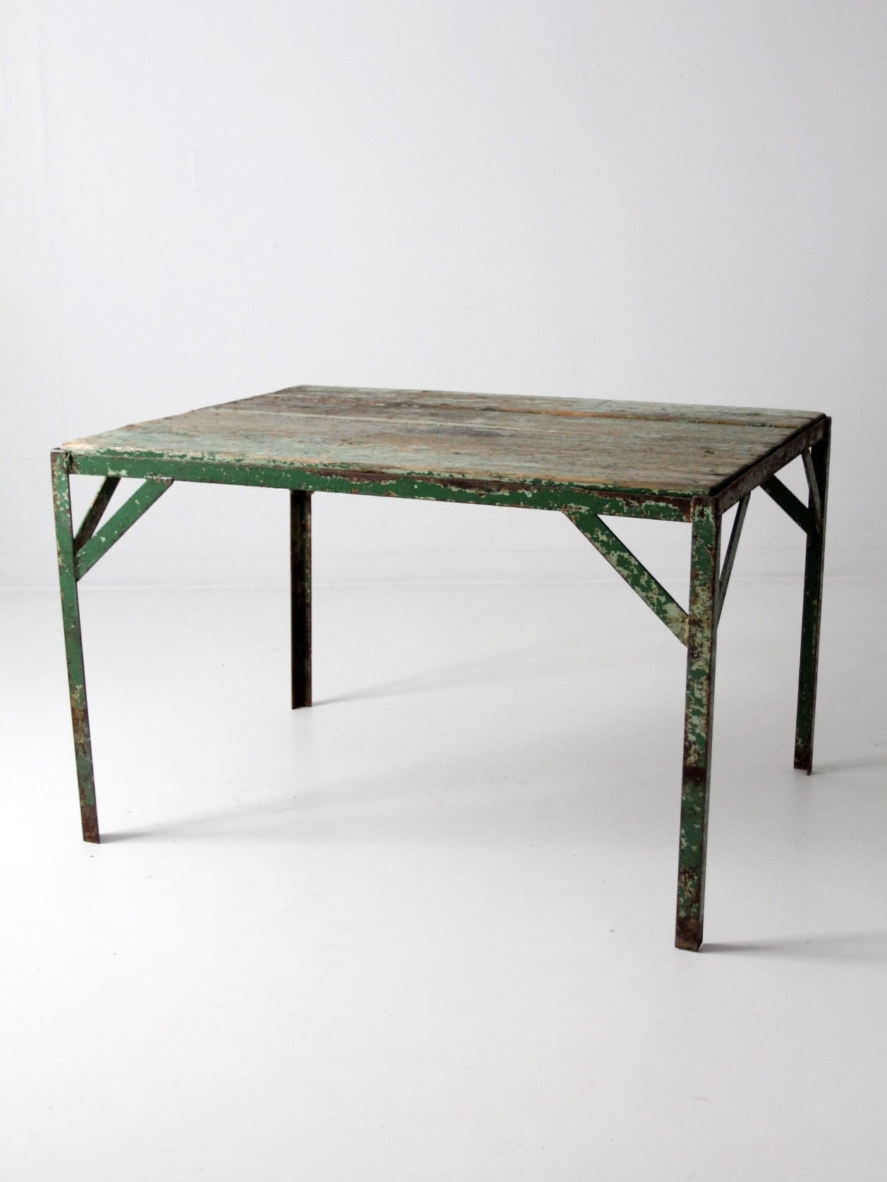 vintage green industrial wood and metal table