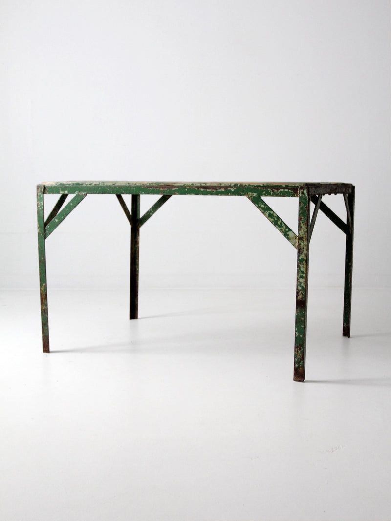 vintage green industrial wood and metal table
