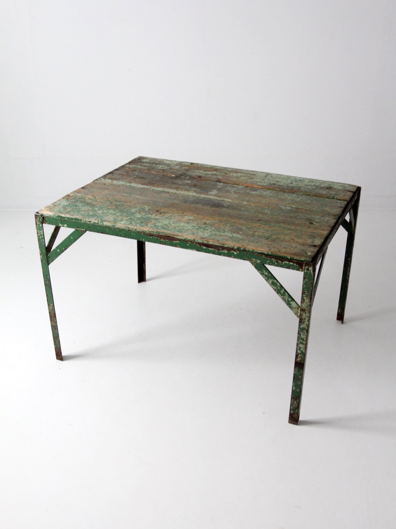 vintage green industrial wood and metal table
