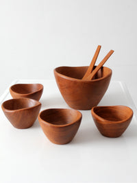 mid-century teak salad bowl set with serving utensils