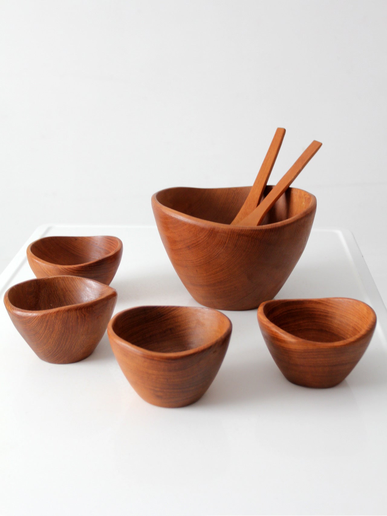 mid-century teak salad bowl set with serving utensils