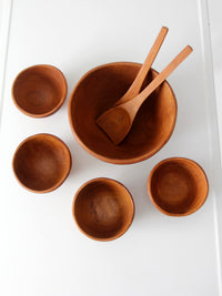 mid-century teak salad bowl set with serving utensils