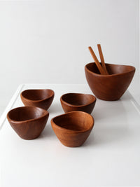 mid-century teak salad bowl set with serving utensils