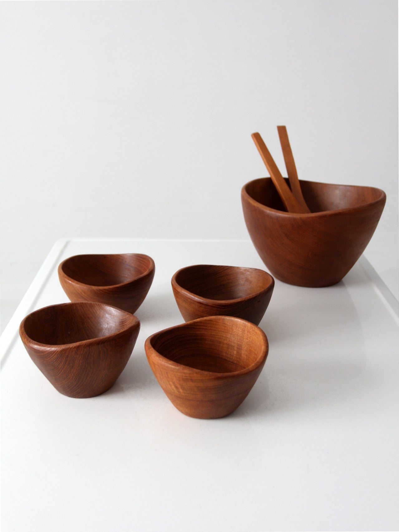mid-century teak salad bowl set with serving utensils