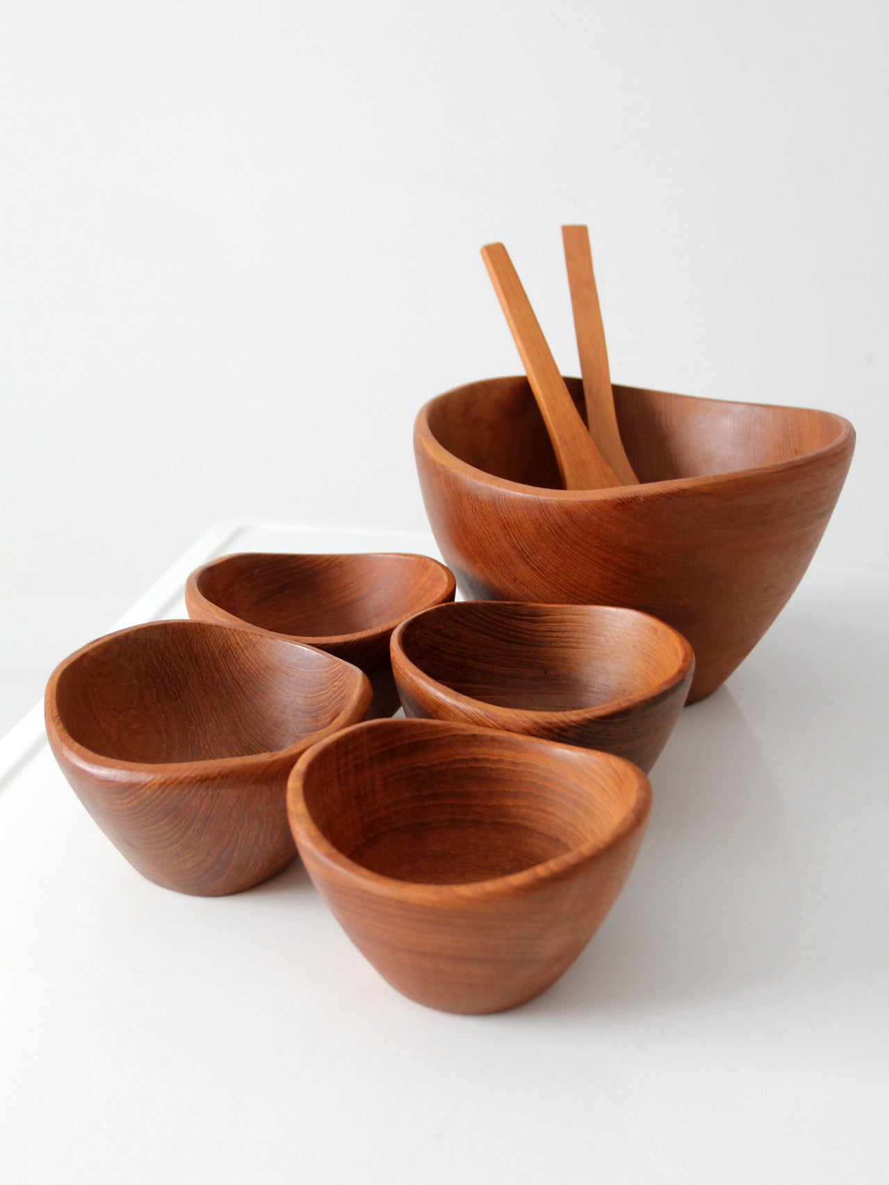 mid-century teak salad bowl set with serving utensils