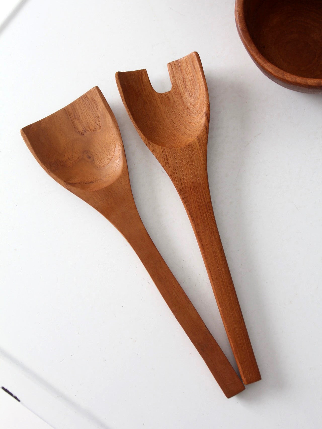 mid-century teak salad bowl set with serving utensils