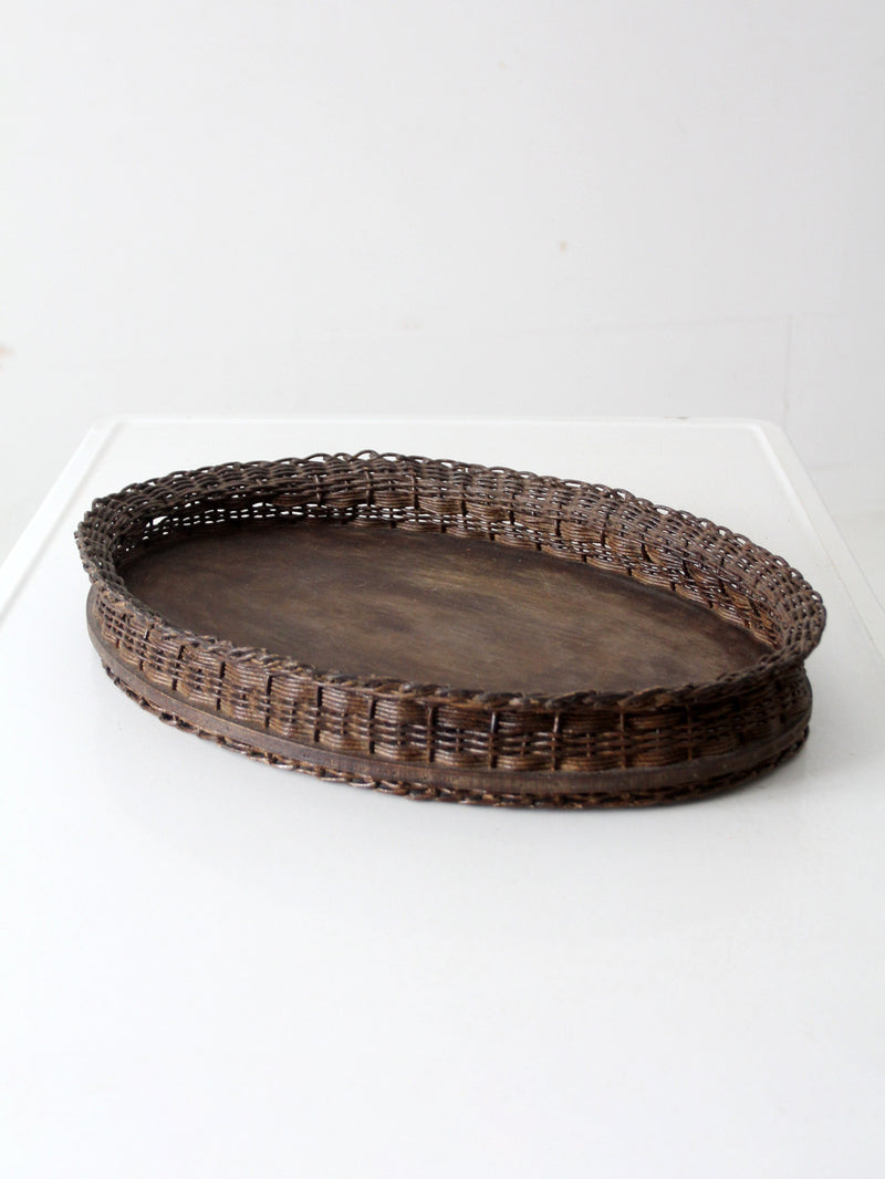 vintage wicker and wood decorative tray