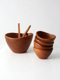 mid-century teak salad bowl set with serving utensils