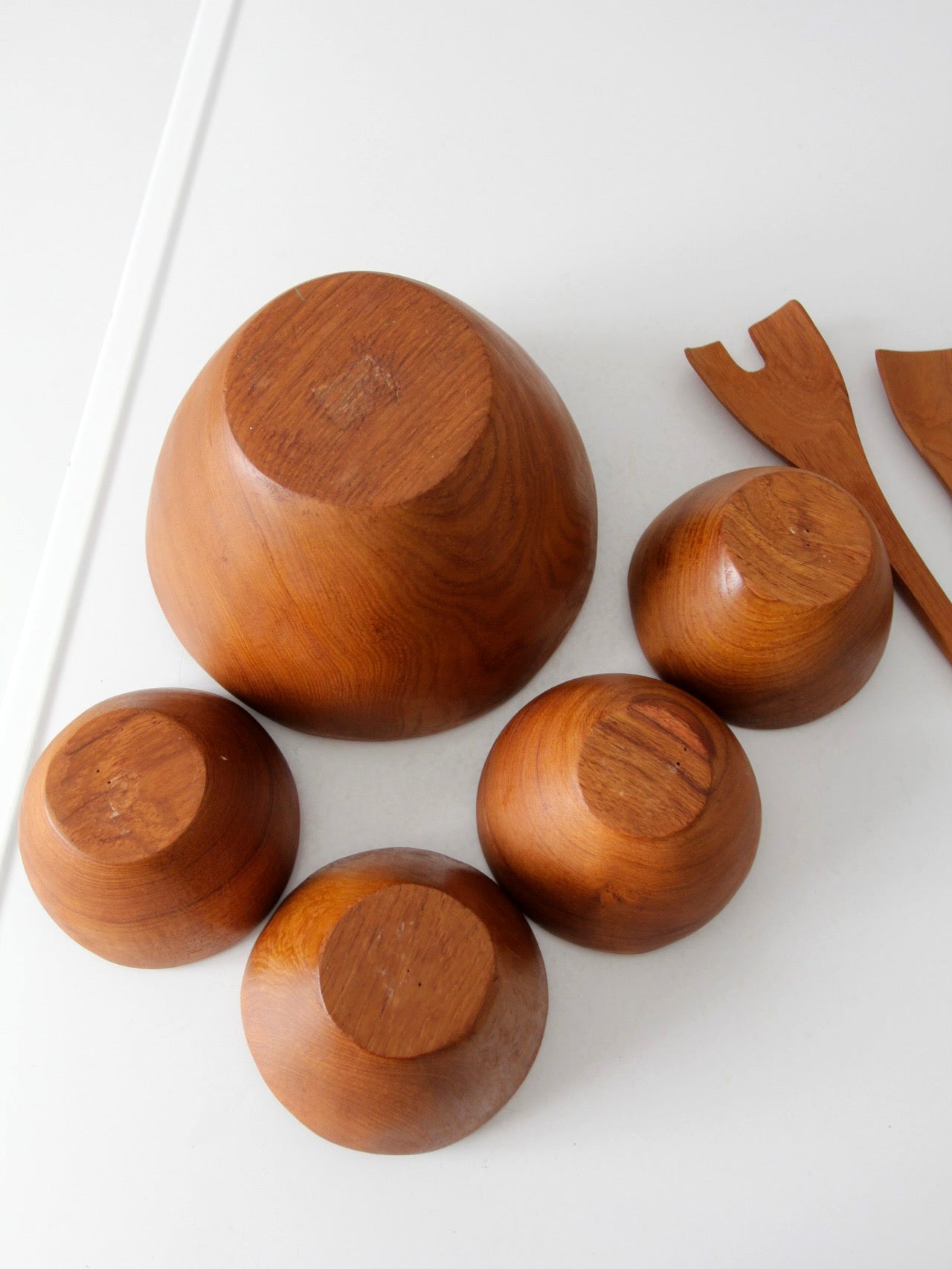 mid-century teak salad bowl set with serving utensils