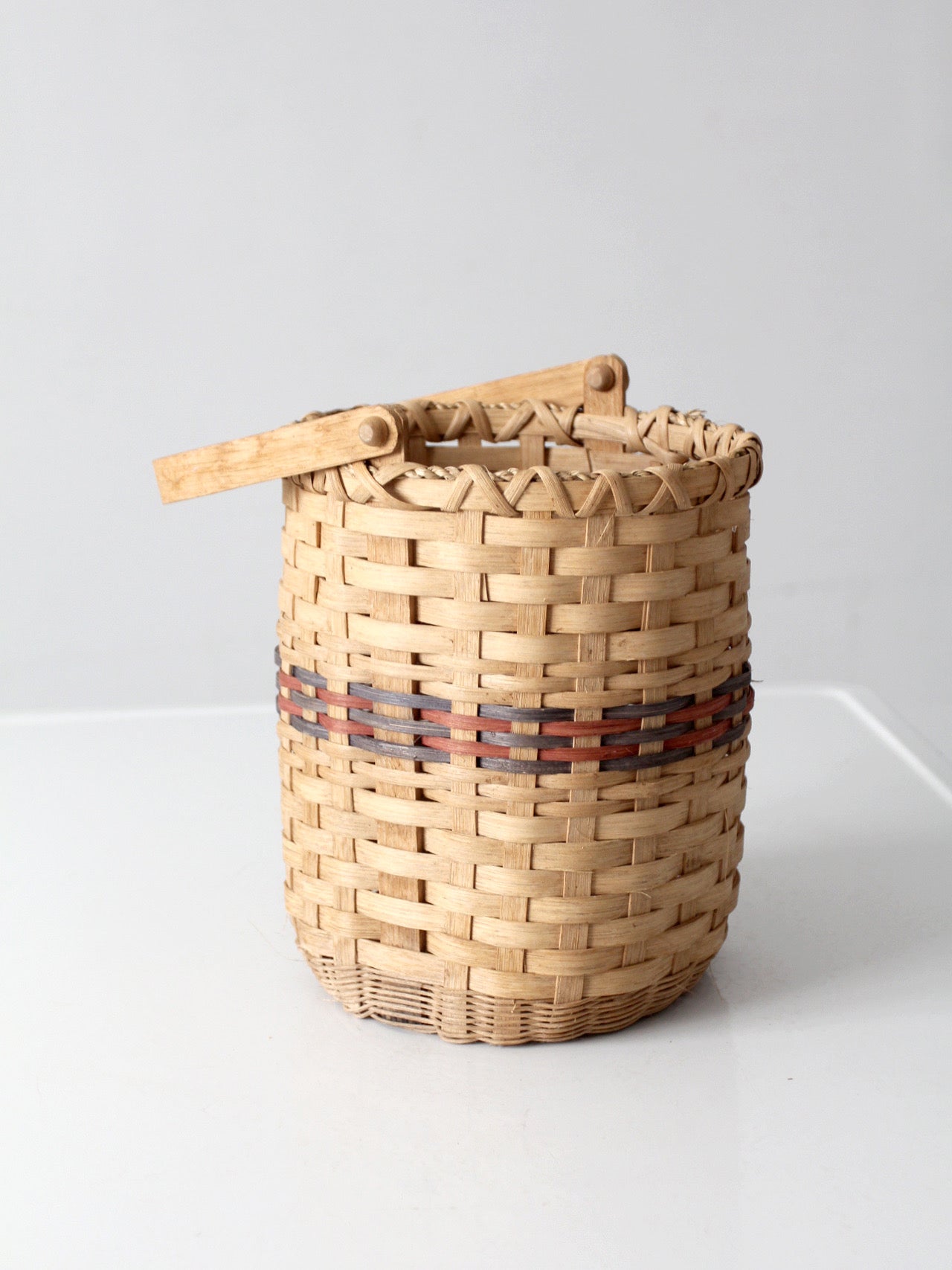 vintage woven splint basket with swing handle