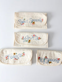 vintage embroidered silverware holder set