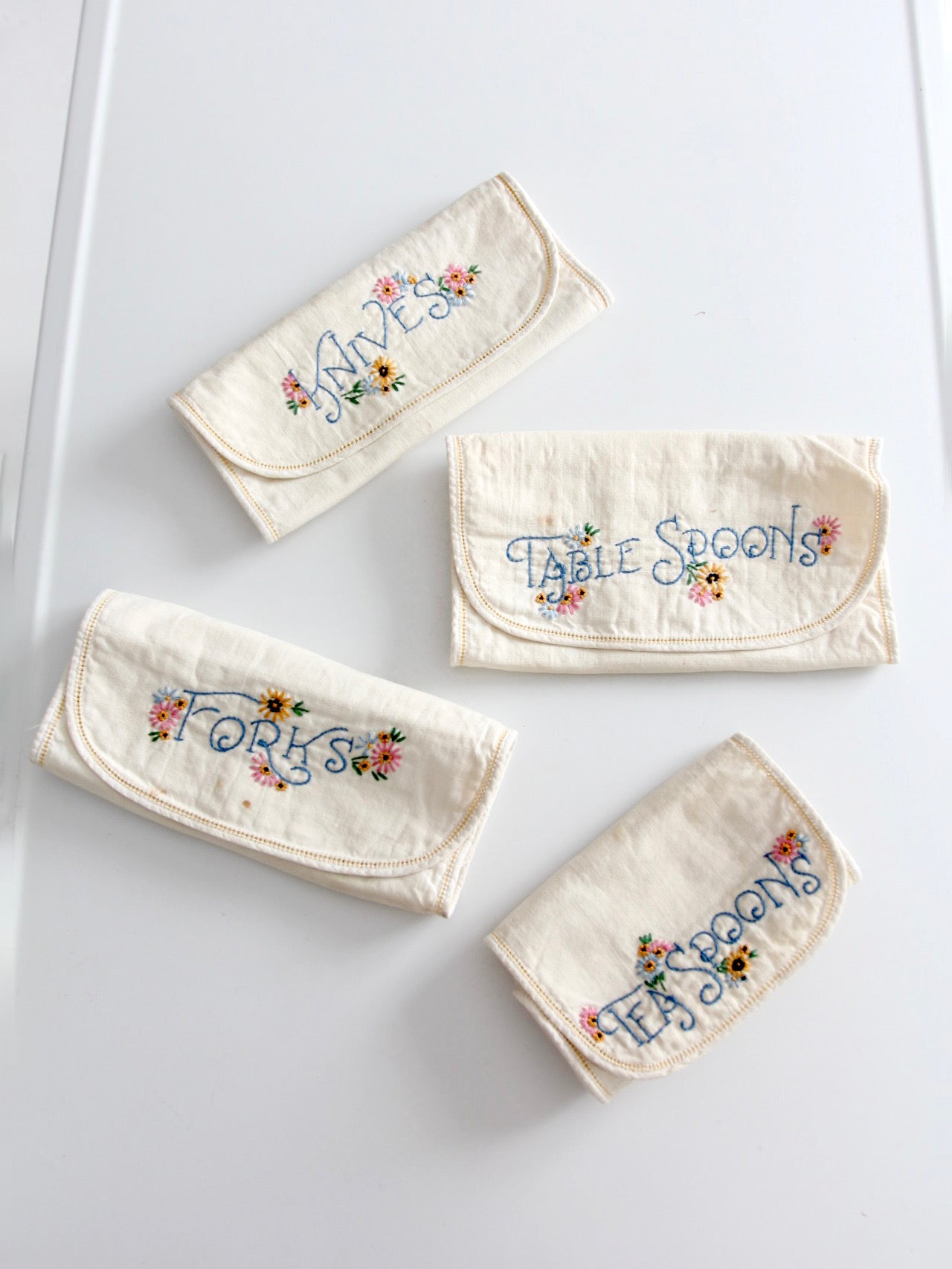 vintage embroidered silverware holder set