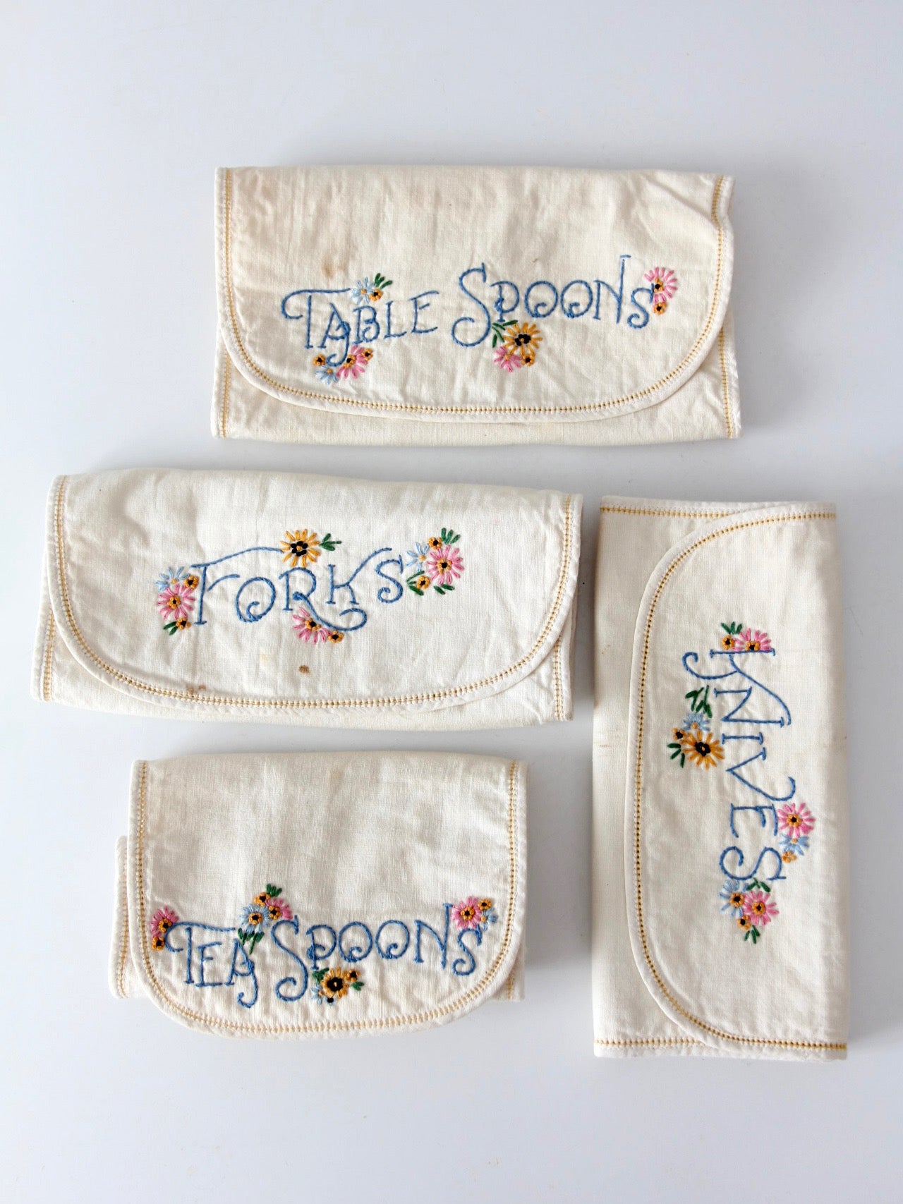 vintage embroidered silverware holder set