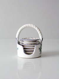 vintage Crespo Spanish pottery coaster set with basket holder