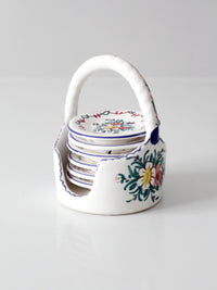 vintage Crespo Spanish pottery coaster set with basket holder