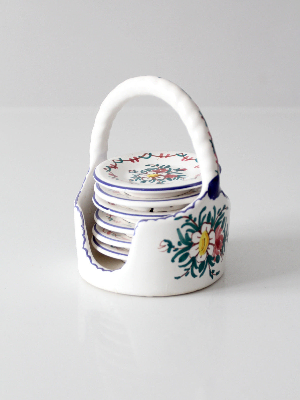 vintage Crespo Spanish pottery coaster set with basket holder