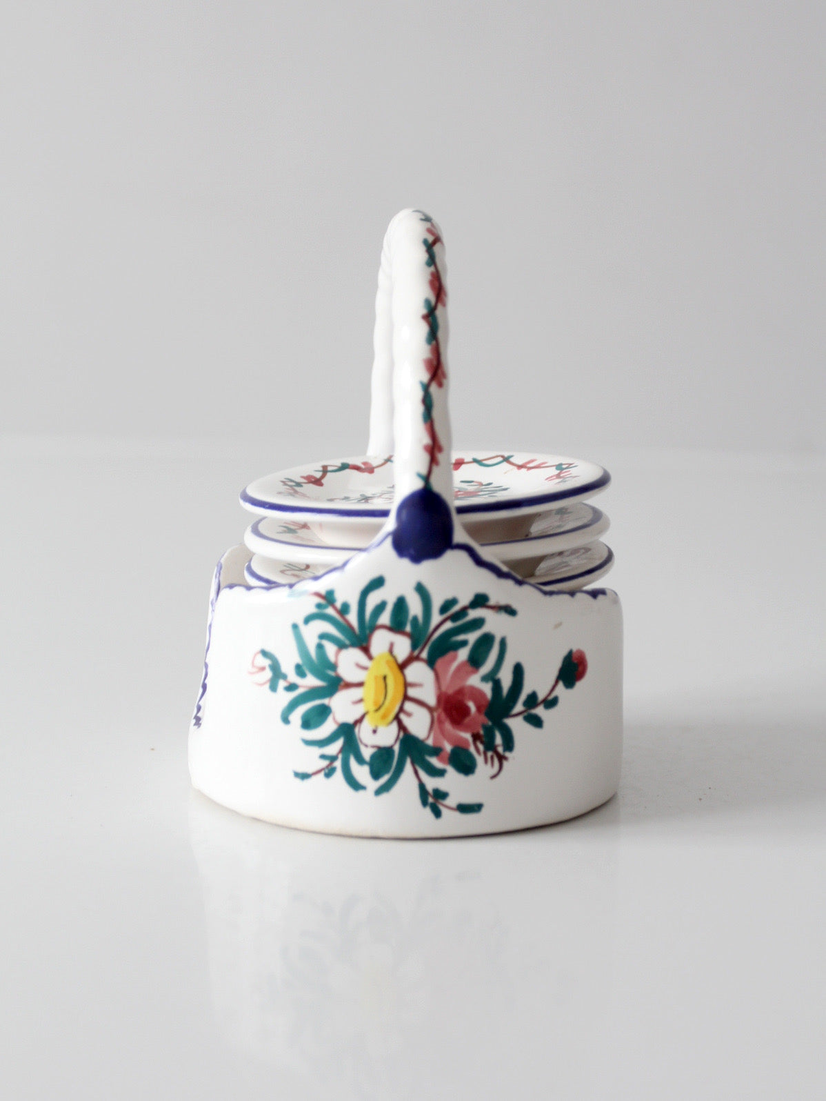 vintage Crespo Spanish pottery coaster set with basket holder