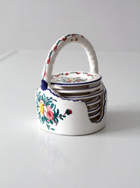 vintage Crespo Spanish pottery coaster set with basket holder